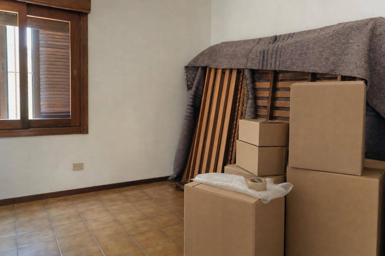 Cajas y cama desarmada para calcular cuánto cuesta una mudanza en Córdoba