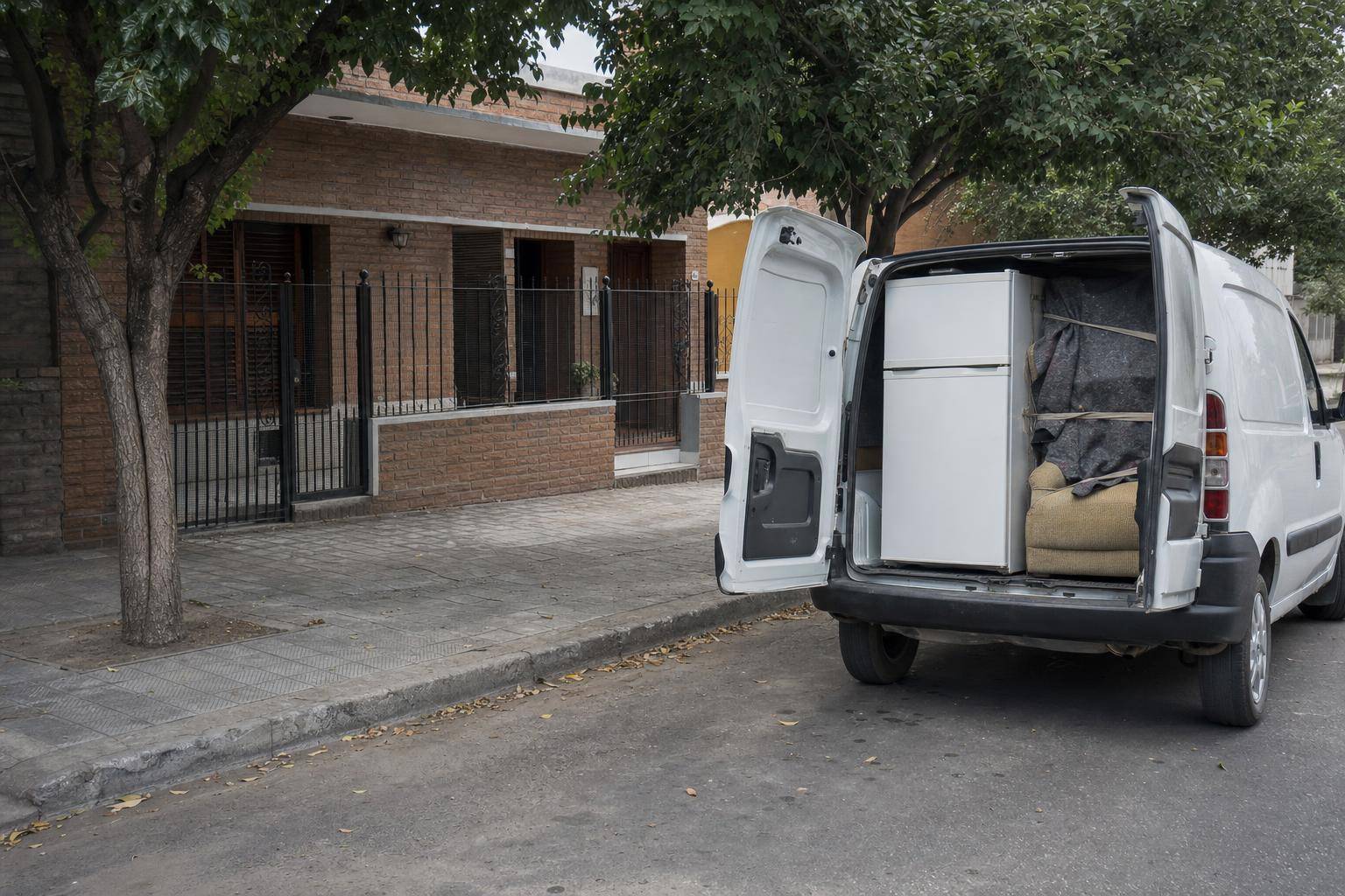 Heladera y sillón cargados para un flete en Córdoba frente a una casa de ladrillo
