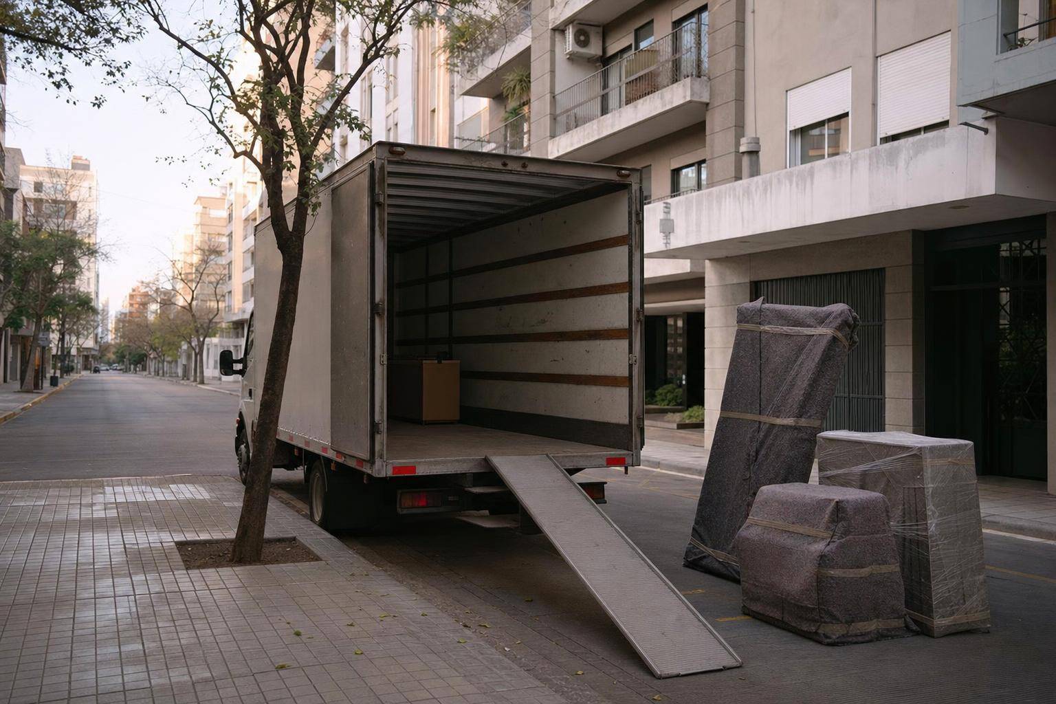 Camión de mudanza en una carga y descarga en el centro de Córdoba a primera hora